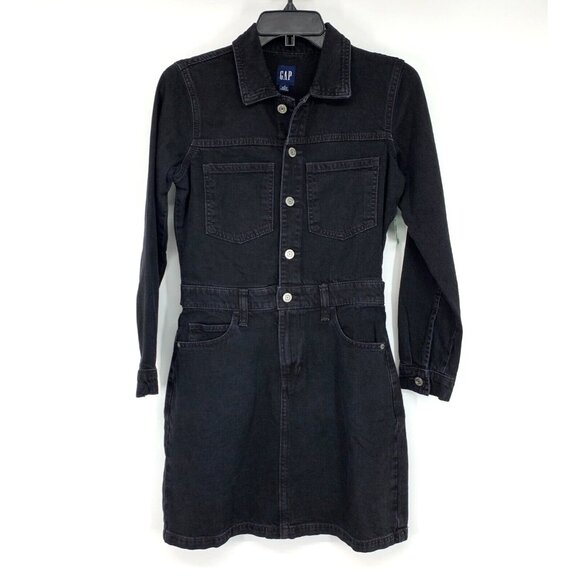 Gap Denim Dress Black Long Sleeve Button Down Pocket Mini - Picture 4 of 11